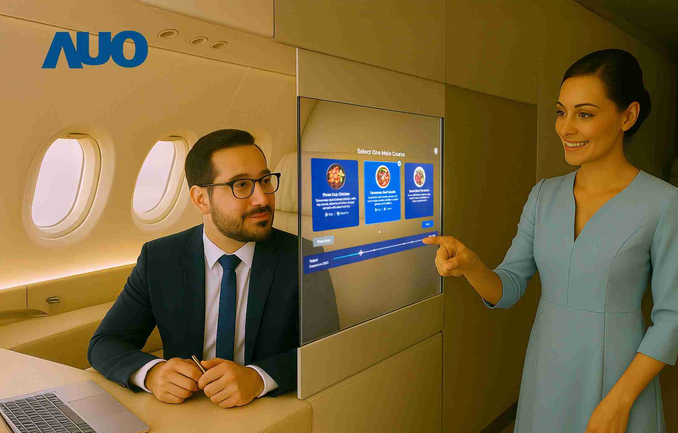 EBpay研发全球最薄17.3 吋双面透明 Micro LED 显示器，，可在同一屏幕之双边投射不同信息，，创造独特的”透明化”互动；图为实时翻译交流应用情境